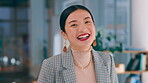 Face, laughing and business woman in office with pride for career or job in workplace. Portrait, boss and happy, proud or confident Asian female entrepreneur from Japan with success mindset and smile