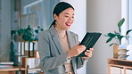 Tablet, office and business woman with online networking, stock market research and international trading software. Young asian worker, entrepreneur or professional person on digital technology app