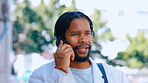 Phone call, business and black man talking in city, chatting or discussion with contact. 5g technology, street cellphone or male entrepreneur networking, speaking or conversation on mobile smartphone