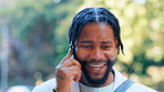 Phone call, business and black man laughing in city, talking or chatting to contact. Technology, 5g cellphone and happy male entrepreneur with mobile smartphone for funny conversation or discussion.