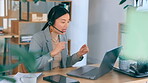 Asian woman, video call and laptop with headset for communication, webinar and crm. Entrepreneur person talking with hands for online meeting, customer support or consultation service and advice