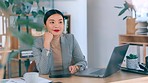 Asian, tablet and business woman thinking in office, social media or internet browsing. Technology, idea and female entrepreneur with touchscreen for web scrolling, decision or  planning in workplace