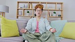 Meditation, peace and breathing woman on couch for stress relief, mental health wellness and spiritual healing. Calm, zen and gen z person or student meditate, yoga or breathe on sofa in living room