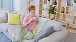 Black woman, sofa and relax with drink, tea and thinking with smile, memory and vision for life. Young african girl, coffee cup and happy on lounge couch with mindfulness, idea and self care in house