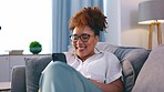 Black woman, phone and excited about winning on home couch for competition, sale or prize on wifi. Happy model person with smartphone in living room reading announcement bonus, promotion or purchase