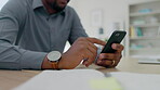 Black man, hands and scroll on smartphone in business, desk and reading internet news app notification. Closeup office worker, mobile and social media on technology, networking and contact connection