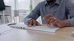 Hands, black man and keyboard computer in office for planning data, online email and internet. Closeup worker typing on desktop technology for seo research, website networking and business management