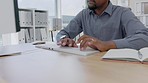 Hands, black man and typing on computer in office for data planning, online admin and internet email. Closeup worker, desktop keyboard and technology for seo research, website and business management