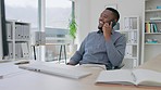 Smartphone, business and black man talking at desk in office for discussion, mobile networking and connection. Happy male worker, communication and phone call for contact, consulting and conversation