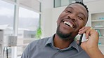 Phone call, face and black man laughing in business for discussion, mobile negotiation and hello connection. Happy male worker, communication and smartphone for contact, consulting and iot networking