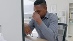 Stress, headache and tired black man on computer with glasses, 404 technology glitch or bankruptcy crisis. Business, burnout and mental health anxiety, risk and depression on desktop, failure or debt