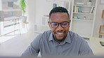 Black man, smile and working on computer in office, desk and company for online management, planning and email. Happy business manager, glasses and desktop for trading, research or website technology