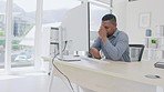 Stress, headache and black man with computer fatigue, technology glitch and company crisis. Sad businessman, burnout and mental health anxiety on desktop with sick problem, tax disaster or bankruptcy