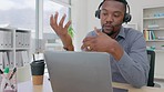 Consulting, video call and black man on office laptop for customer service, business advisory and help desk. Salesman talking on computer technology for communication, client support and web telecom