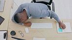 Top view, black man and sleeping at desk, office and burnout of sick, stress and mental health risk. Fatigue, lazy and tired worker in nap at table, computer and anxiety of depressed business problem