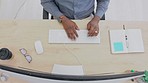 Top view of black man, hands and typing on computer in office for data planning, online admin and seo internet. Closeup worker, desktop keyboard and technology for research, website or business email