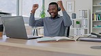 Call center, man and celebration of success, smile and excited fist for crm trading bonus. Salesman, black male and celebrate achievement of deal, winning and motivation of telemarketing target goals