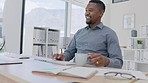 Black man, coffee and smile at office desk, computer and technology in company. Manager, desktop and drinking tea for productivity, energy or happiness of online business management in startup agency