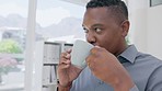 Black man drinking coffee at office desk, computer and pc technology in company. Manager, desktop and working online with cup of tea for productivity, energy and business planning in startup agency 