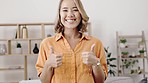 Motivation, happy and portrait of a girl with a thumbs up for thank you, yes and agreement. Smile, success and face of a woman with a hand gesture for a win, happiness or satisfaction at home