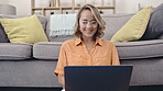 Search, laptop and smile with woman in living room floor for relax, website and browsing online. Social media, studying and freelancer with girl typing at home for technology, email and internet 