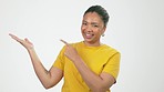 Holding pointing and happy with face of black woman for decision, promotion and announcement. News, notification and alert with girl and hand gesture for sign, choice or surprise in studio background