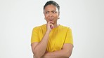 Confused, thinking and woman with doubt about a problem isolated on a white background in a studio. Stress, idea and girl shaking her head for a decision, hesitation and choice on a backdrop