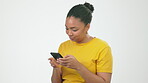 Phone, no and hand gesture with a black woman reading a message in studio on a gray background. Social media, post and disagree with a young female typing or texting a reply on her 5g mobile