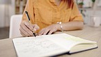 Woman hands writing, home study desk and working book research for online college course. Planning, schedule and elearning checklist on a notebook in a house with paper information for data learning