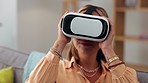 VR, vision gaming and woman on sofa for metaverse, futuristic video games and cyberpunk experience at home. Virtual reality glasses, digital high tech and happy young person or 3d gamer on couch