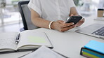 Hands, business woman and search on smartphone for web app, planning or internet data. Closeup worker, mobile technology and online connection of typing, digital networking or fintech admin in office