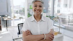 Face, business and woman with arms crossed in office, corporate company or management in Colombia. Portrait of mature female executive smile for leadership, professional trust or happiness in startup