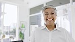 Face, business and woman laughing in office, corporate company and management in Colombia. Portrait of happy mature female executive smile for leadership, happiness and funny joke in startup agency 