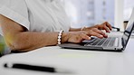 Hands, woman and laptop keyboard for business, planning and research on internet. Closeup worker typing on computer technology for website management, email networking and online administration notes