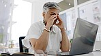 Tired, headache and business woman at laptop with anxiety, mental health and problem. Frustrated, burnout and stressed female working online at desk with fatigue, debt risk and depression of failure