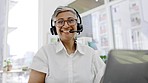 Call center, woman and face for customer service, smile or trust sales receptionist in office. Happy portrait, telemarketing agent and help desk communication for consulting of telecom administration