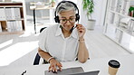 Call center, woman and laptop for customer service, smile and sales receptionist in office. Happy female telemarketing agent working on computer at help desk for, telecom administration, crm and tech