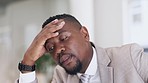 Stress, tired and headache of business man anxiety, fatigue or mental health problem working, planning and writing. Worry, depression and burnout professional worker or corporate person for paperwork