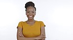 Crossed arms, smile and portrait of black woman in studio on white background for confidence, happy and excited. Leader, beauty and isolated girl with positive attitude, success mindset and wellness