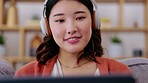 Asian woman, entrepreneur and headphones for music, living room and happiness with business owner. Japan, female employee or lady with headset, remote work from home or smile for new project or relax