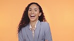 Face, funny and woman with celebration, smile and entrepreneur with girl against studio background. Portrait, female leader and business owner laughing, happiness and achievement with startup company