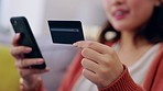 Woman, online shopping or credit card payment on a phone via the internet for easy and fast digital money exchange. Blurry hands typing financial banking information on fintech mobile app to transfer