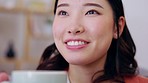 Relax, thinking and asian woman drinking coffee on break with smile on face with peace and calm. Freedom, happiness and smiling Japanese person with idea, nostalgic memory and cup at tea time in home