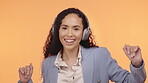 Headphones, dancing and face of woman isolated on orange background for self love, mental health and listening to music. Happy gen z black person with headphone, audio technology and dance in studio