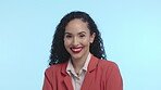 Business woman, smile and portrait in studio with beauty, makeup and pride on a blue background. Face of a happy model person with red lipstick for strong mindset, empowerment or fashion with space