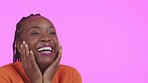 Black woman, smile and laughing on pink background, studio girl and mockup space. Happy face of excited female model on color backdrop, mock up and positive reaction to meme, funny joke or comedy joy