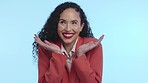 Wow, excited and face of a woman in isolated, blue background and studio. Shock, portrait and happy female model from sale, discount and promotion for advertisement with mockup with a smile