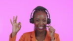 Black woman, call center face and hands of okay gesture, yes agreement and good review of customer support. Happy studio portrait of telemarketing agent, smile and emoji sign of consultant services