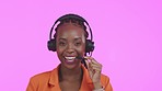 Black woman, talk and call center by studio background with face, smile and excited for tech support. Happy crm consultant, portrait and customer experience with lead generation, consulting and sale