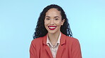 Beauty, face and smile of business woman in studio isolated on a blue background. Makeup portrait, cosmetics and happy female model laughing with facial treatment for glowing and healthy skincare.